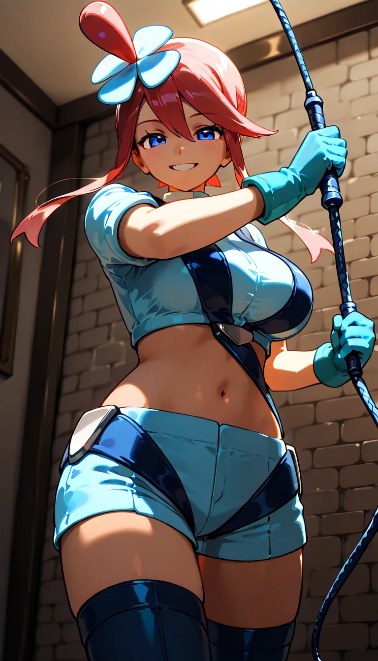 girl in a panty, wearing oven mittens tucked in pockets, blindfold