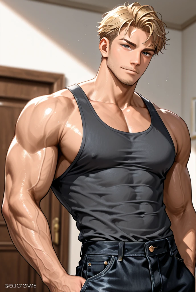 (masterpiece best quality 8k ultra-detailed:1.5) ultra realistic, solo standing male, muscular handsome (((perfect face,perfect eyes))) (topless) (undercut), anime style, illustration, (((underwear, big bulge))), realistic shade, sharp, detailed beautiful face and eyes, perfect beautiful body, perfect hands, (dynamic pose), shiny skin