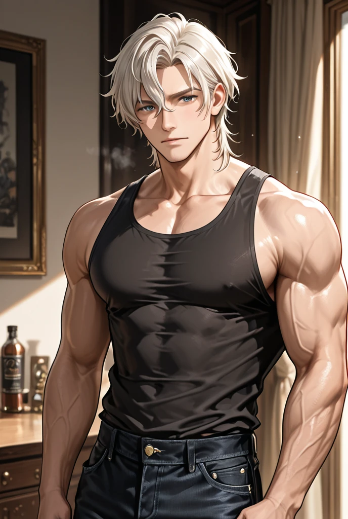 Jesse is tall He has white hair with red tips, and sharp grey eyes, they're so beautiful to look at. His hair is a bit wavy and has piercings. Muscular male. Jesse is seen wearing black sweat pants and wearing a baggy navy blue shirt. Big erection