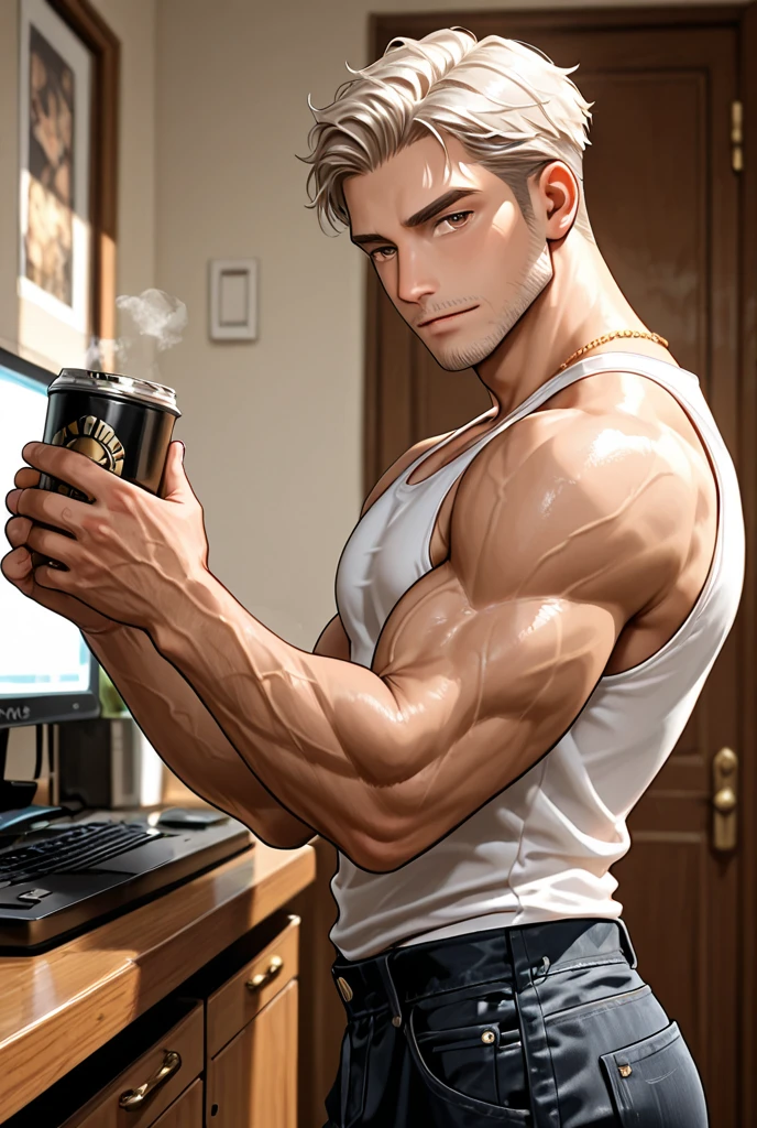 masterpiece, best quality, highly detailed, handsome black man, shirtless, holding a bottle of milk , pouring milk, drink, tongue out, sexy, flirty, naughty , beautiful hazel brown eyes , masculine, stocky, looking to camera, perfect hands, cartoon, 32k --auto --s2