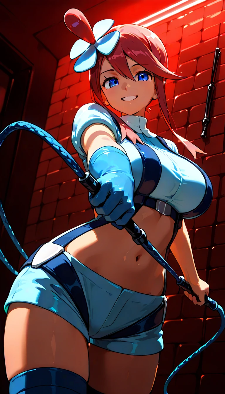 score_9, score_7_up, source_anime, BREAK, correct hands, correct fingers, correct amounts of fingers, perfect face, expressive face, detailed background, 1girl, sexy female, tall female, breasts, camisole, spaghetti strap, bare shoulders, collarbone, cleavage, sleeveless, sideboob, (groin, groin outline:1.2), tight pants, rope, (bandage, shibari, rope between breasts, hands tied behind head, armpits:1.4), thinotn, gag, cloth gag, white gag, gagged, closed mouth, embarrassed, blush, nose blush