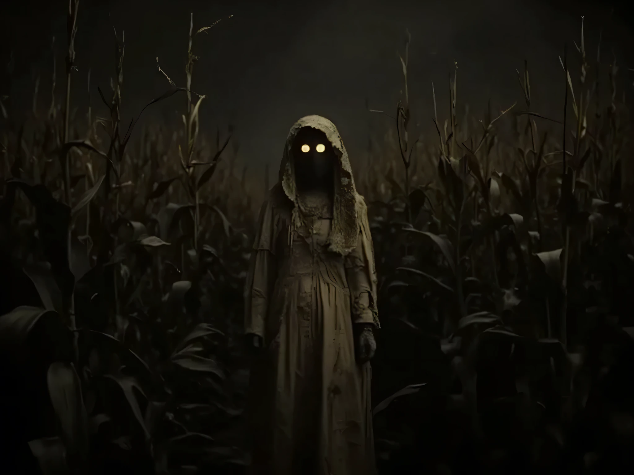 A solitary figure stands eerily still in the darkness among the corn plantation, subtle glowing eyes locked onto the viewer. Dressed in tattered, indiscernible attire, their face obscured by shadows, only their intense gaze pierces the darkness. Enigmatic presence, unsettling shadows. eerie ambiance. The scene is static shot from a low angle, emphasizing the height of the corn and the looming mystery of the watcher.