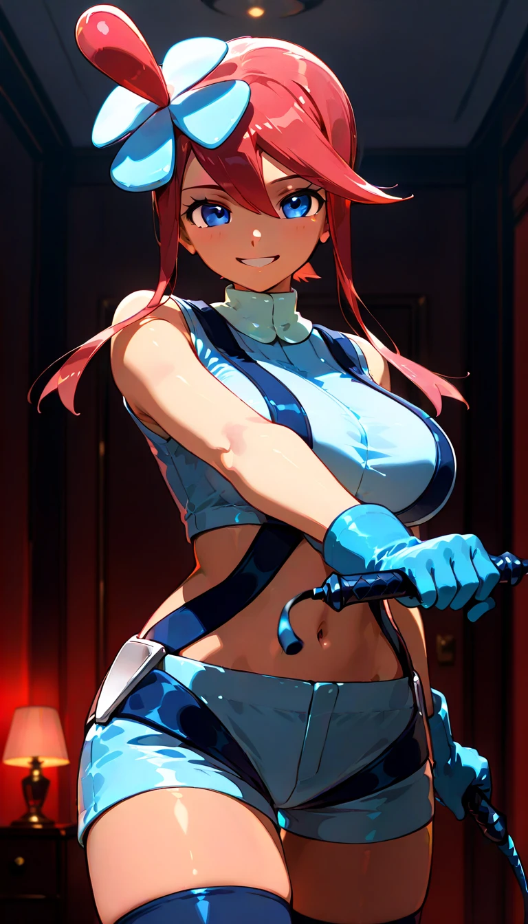 Korsica, Korsica from Hi-Fi Rush, sexy girl with red hair pulled back into a ponytail, big tits, thick ass, sexy cow swimsuit, small cow horns, cow ears, long cow print gloves, cow print stockings