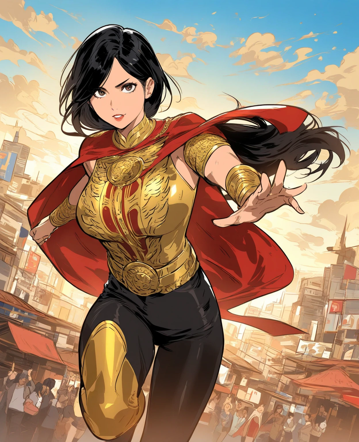 diana,black hair,blue eyes,short hair,hairbun,
red chest plate,gold trim,single shoulder pad,blue pants,
looking at viewer,hips,
city,morning,fantasy,alley,
(insanely detailed,masterpiece, best quality),solo,<lora:wonderwomanSQ:0.8>,