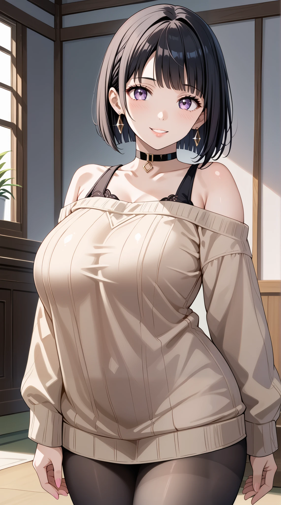score_9, score_8_up, score_7_up, source_anime, 4K,perfect fingers,(perfect hands, perfect anatomy),prefect lighting, very aesthetic, intricate details,highly detailed background, masterpiece, high quality, best quality,
1girl, hinata_boru, bangs, short hair, black hair, huge breast,dense chest,
wearing ((pantyhose, choker, earrings, jewelry, sweater, collarbone, black_choker, off_shoulder, dress, bare_shoulders, black_pantyhose, )) ,,
gyaru, looking_at_viewer, smile, parted_lips, gradient, sleeves_past_wrists, gradient_background,
