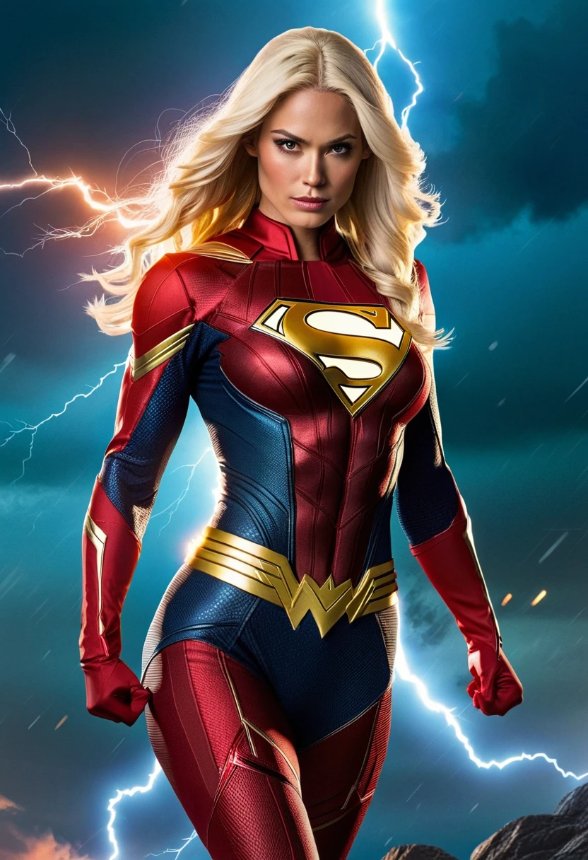 a woman with long, blond hair stands in front of a lightning-inspired background. She's dressed in a tight-fitting blue and red bodysuit with a lightning bolt symbol, suggesting that she could represent a Flash-inspired superhero, due to the specific logo and color palette of her attire. Her muscular shoulders are visible, and she has a serious expression on her face. The atmosphere of the image is charged with electric energy, complemented by lightning elements that seem to emanate from around her, contrasting with the dark brown background.
