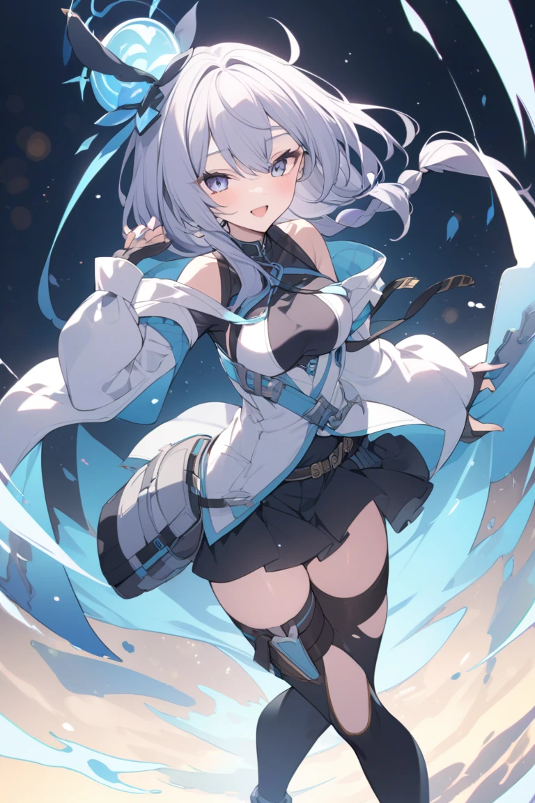 Kittew style, 1girl, solo, yorha_no._2_type_b, thighhighs, navel, underwear, panties, blue_eyes, short_hair, white_hair, black_panties, looking_at_viewer, black_thighhighs, no_blindfold, breasts, highleg, detached_sleeves, lips, yorha_type_a_no._2, choker, hair_between_eyes, mole_under_mouth, crop_top