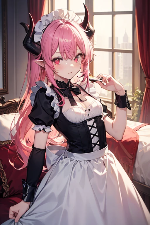 girl ,White skin,Black and white maid outfit,White above knee,Sitting on the bed with your knees together,Girls Room,Pitiful expression,The facial features are clear and distinct,Pink Hair,Big wavy hair,Elf Girl,Showing collarbone,White headdress