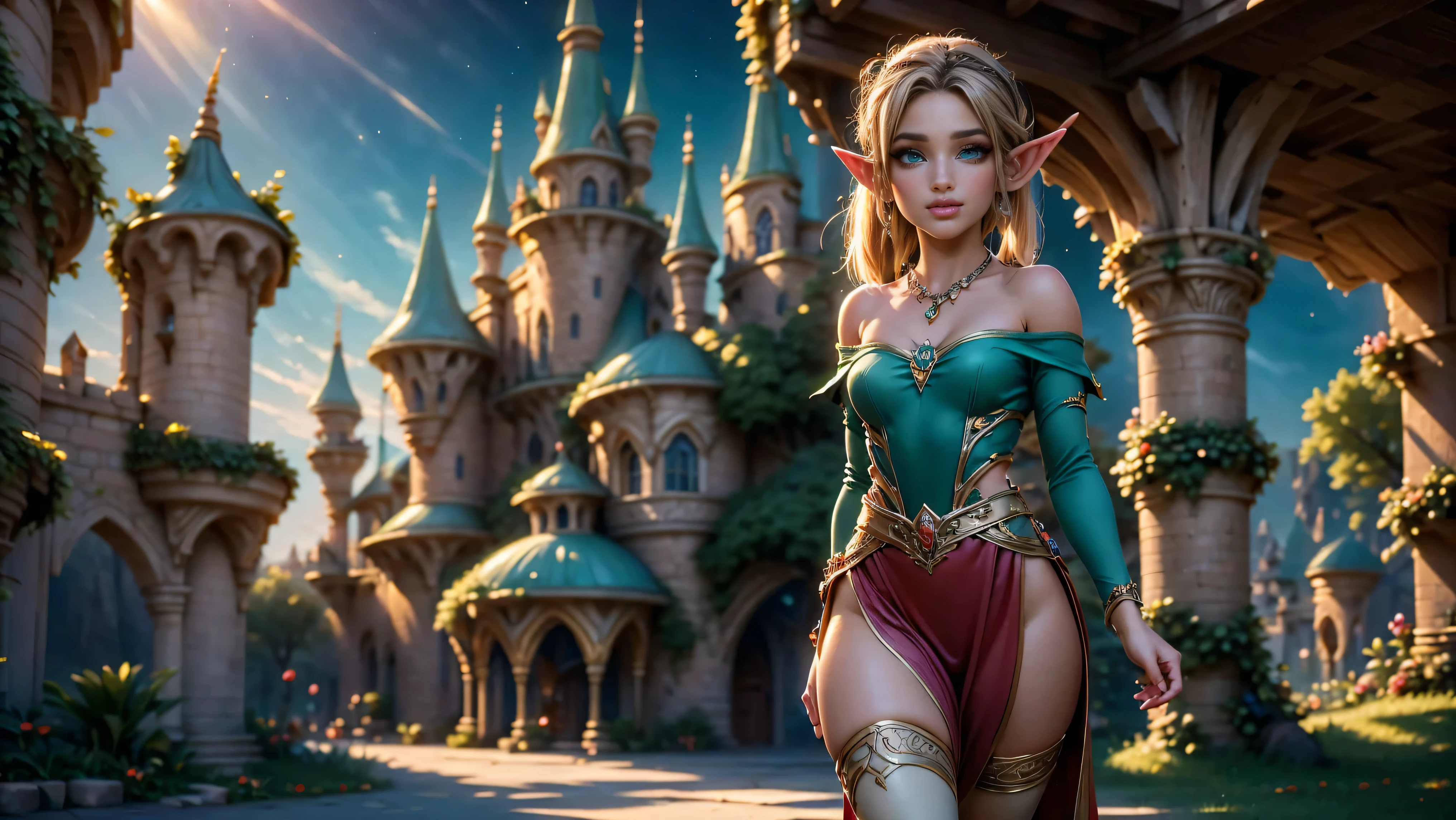 ((1girl)), ((solo)), ((young woodland warrior elf girl)), ((walking through an elf village)), ((male elves turning to look at her)), ((elf girl focus)), ((long dark hair)), ((smiling)), ((short ears)), ((round breasts)), thigh-highs, formfitting eleven clothes, tight clothes, ((looking at viewer)), ((green eyes)), ((beautiful day)), Perfect body, beautiful, young, tempting, alluring, jewelry, necklace, off shoulder, ((skinny)), ((petite)), ((small)), flirting with camera, Best Looks, ((fantasy castle in the background)), beams of sunlight, fantasy