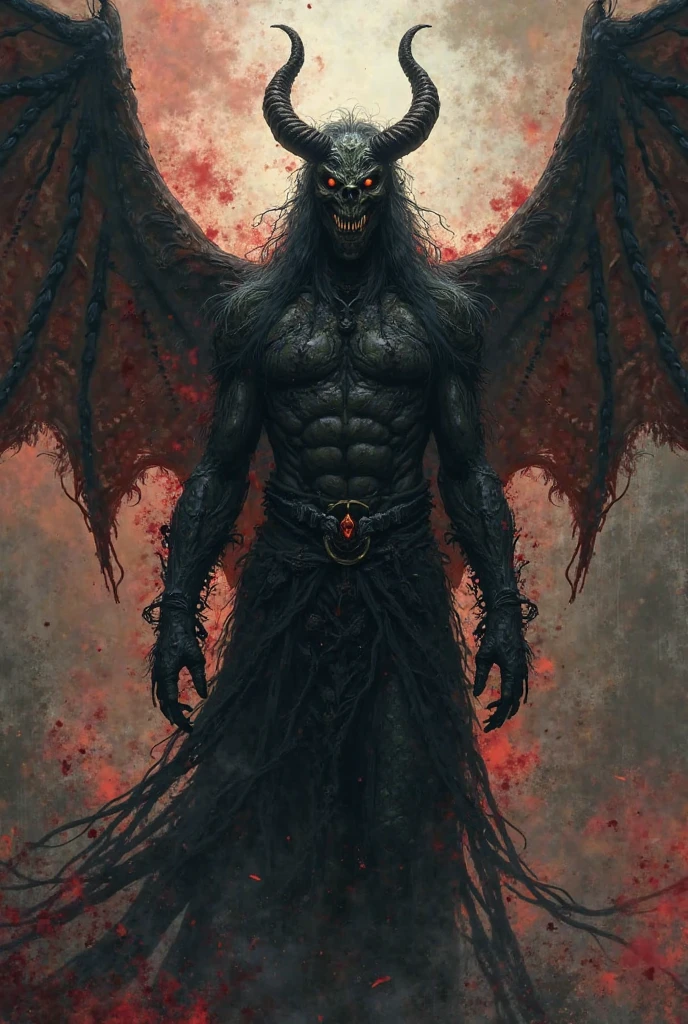 A shadow with a menacing stance and red eyes with a red aura and red wings and distorted red skin with disheveled hair and a single horn.