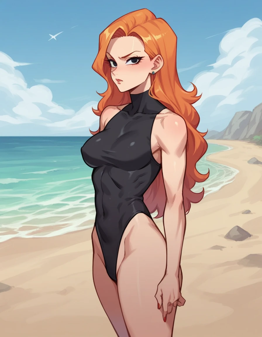 (ANIME ART STYLE) nami (ONE PIECE), with orange long hair, brown eyes, blushing, dynamic pose, standing on the beach, NSFW,breast curtains,jiangshi, qing_guanmao, sunrise, joyfully expression.full body view,