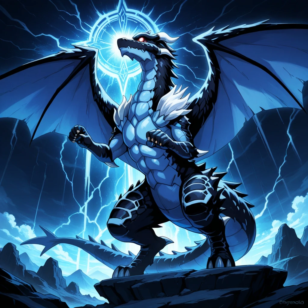 full body, shiny white dragon storm dragon, large black horns, large white wings, black energy behind, black energy dragon, black storm lightning background, black lightning