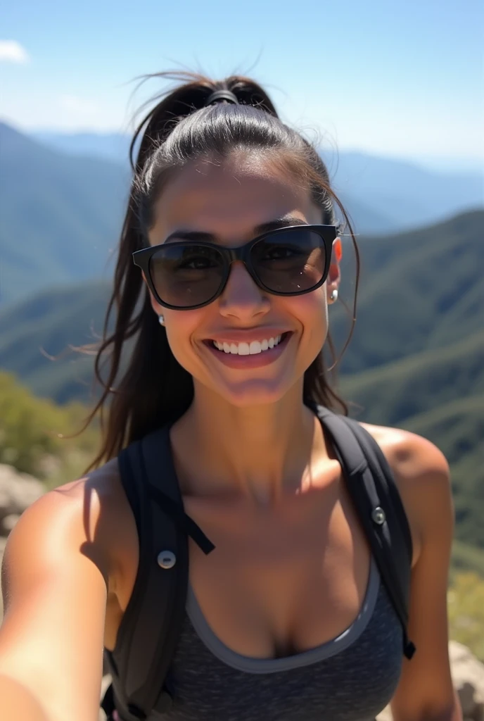 1 woman, long brown messy hair, middle aged woman, selfie, selfie while hiking, sports bra, smiling