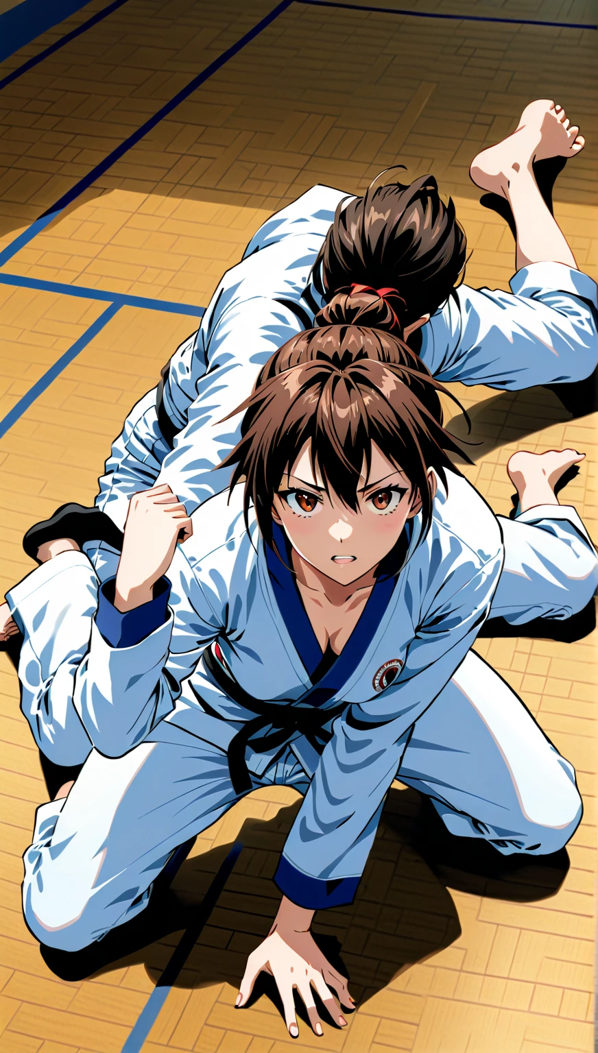 (in style of Takeshi Obata:1.3),
posing, dynamic action, expressive action,fighting,judo uniform girls,fullbody portrait of a girls, grapple on the floor