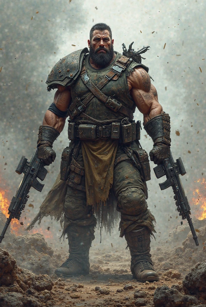 ((medium wide shot)), wasteland warrior, handsome man, bodybuilder, bulge, post-apocalyptic, beard, detailed, realistic, white man, dirty:0.8, dramatic