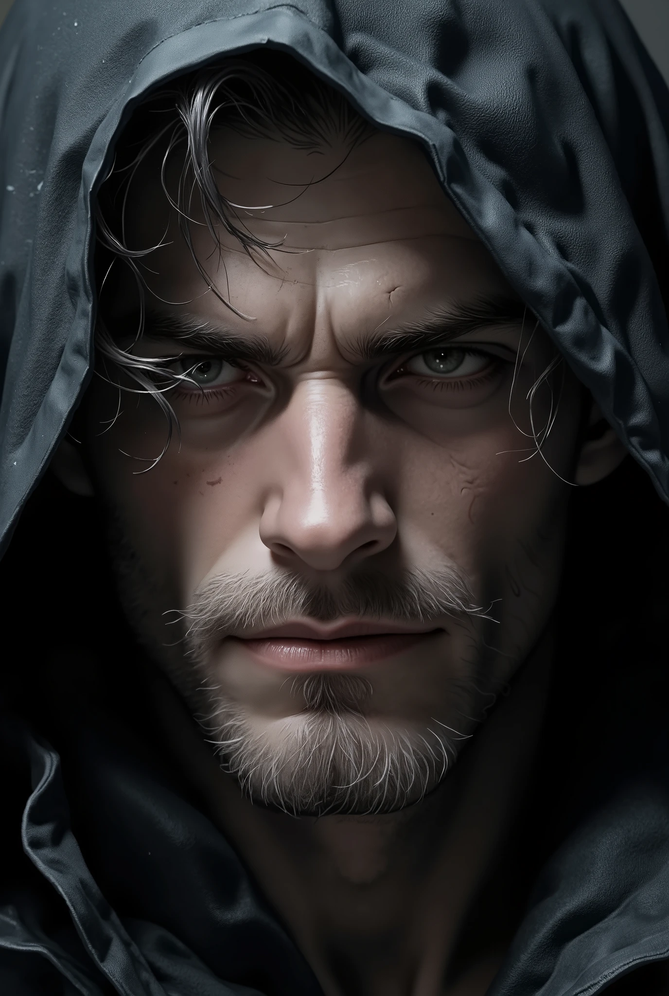 In the dimly lit scene, an aged wizard emerges from the depths of a hood, his face partially obscured by shadows. This evocative painting captures the wizard's weathered features, hinting at a lifetime of knowledge and arcane power. Wisps of silver-grey hair cascade from beneath his hood, framing a face lined with wisdom and experience. The carefully crafted brushstrokes convey a sense of mystery and mystique, emphasizing the wizard's enigmatic presence. This high-quality painting juxtaposes darkness with ethereal beauty, transporting viewers into a realm of ancient magic and unknown tales.