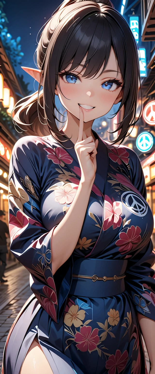 ginger girl wearing a floral kimono, revealing her curves, cleavage, firworks in background, (showing middle finger:1.0), middle finger, big breasts, new years eve on a pier at night,