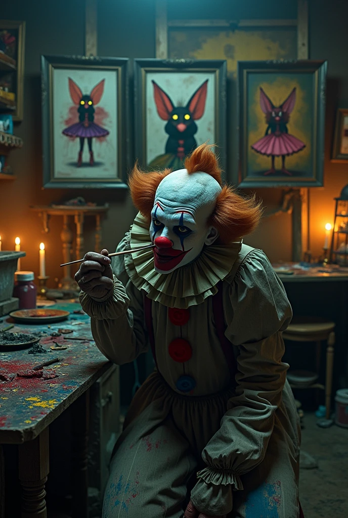  Clown coming out of the wardrobe, violin,small wardrobe,dreamlike