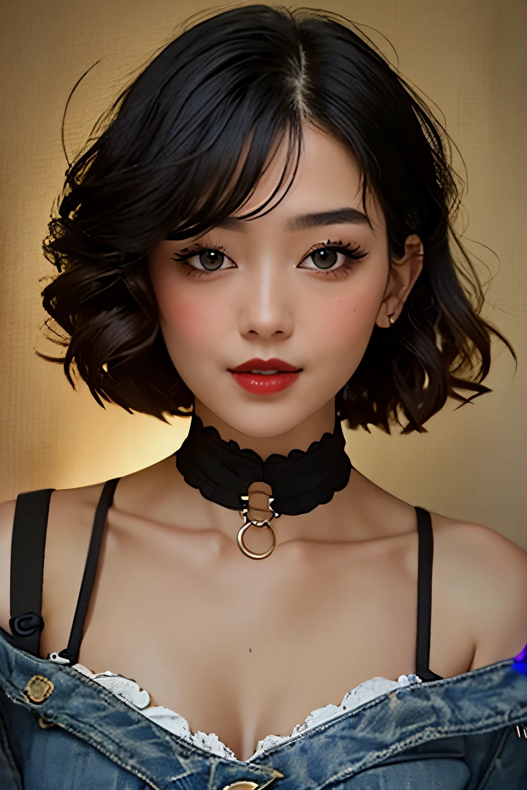 Amazing portrait of a cute and sexy woman with her hair in a short bob and a beautiful face with smokey eyes in a seductive gaze and red lips in a seductive smile, her porcelain skin blushing wearing a t shirt pulled off her shoulder exposing her bare shoulders as she tilts her head to the side exposing her delicate porcelain neck to us and jeans on a bed with intimate lighting beautifully accentuating her amazing features