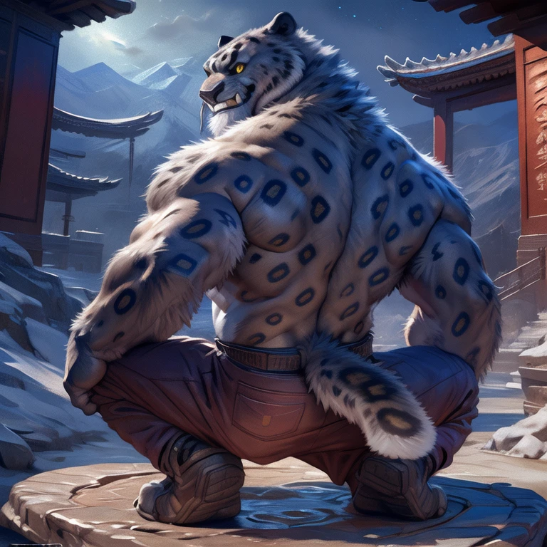 (by taran fiddler), (by darkgem:0.8), (by chunie:1), masterpiece, grey fur, nipples, navel, portrait, seductive, looking at viewer, smile, grin, teeth, (tailung:1.2), snow leopard, (gold eyes), detailed eyes, male, solo, anthro, crouched on roof, (looking back, curvy hips, muscular butt), roof tiles (detailed temple background), Chinese temple, (night), no clothes