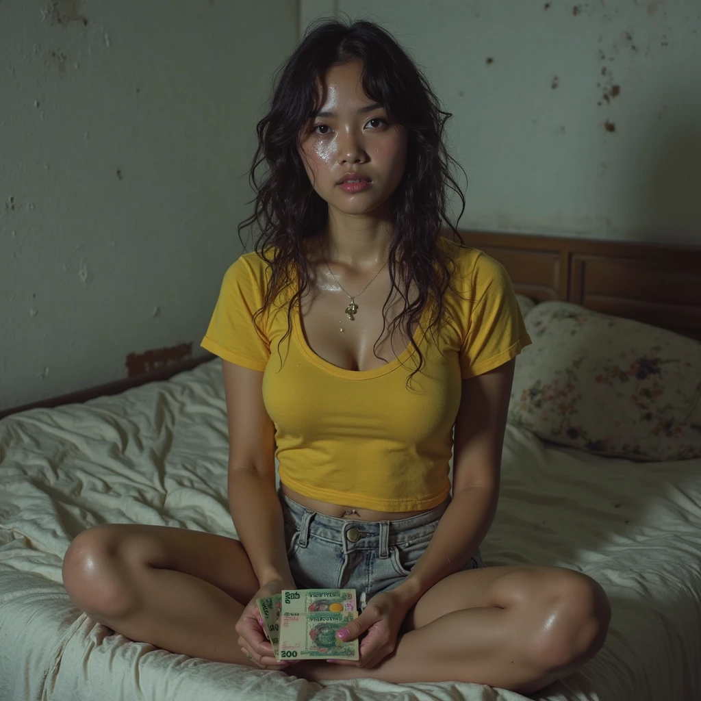 night in a simple house, beautiful young indonesian women, voluptuous, sweating, messy hair like just woke up, wearing a tank top, sitting on a messy and shabby mattress, in front of him there is a hand giving money, against a dull wall, wet hair, low natural light,