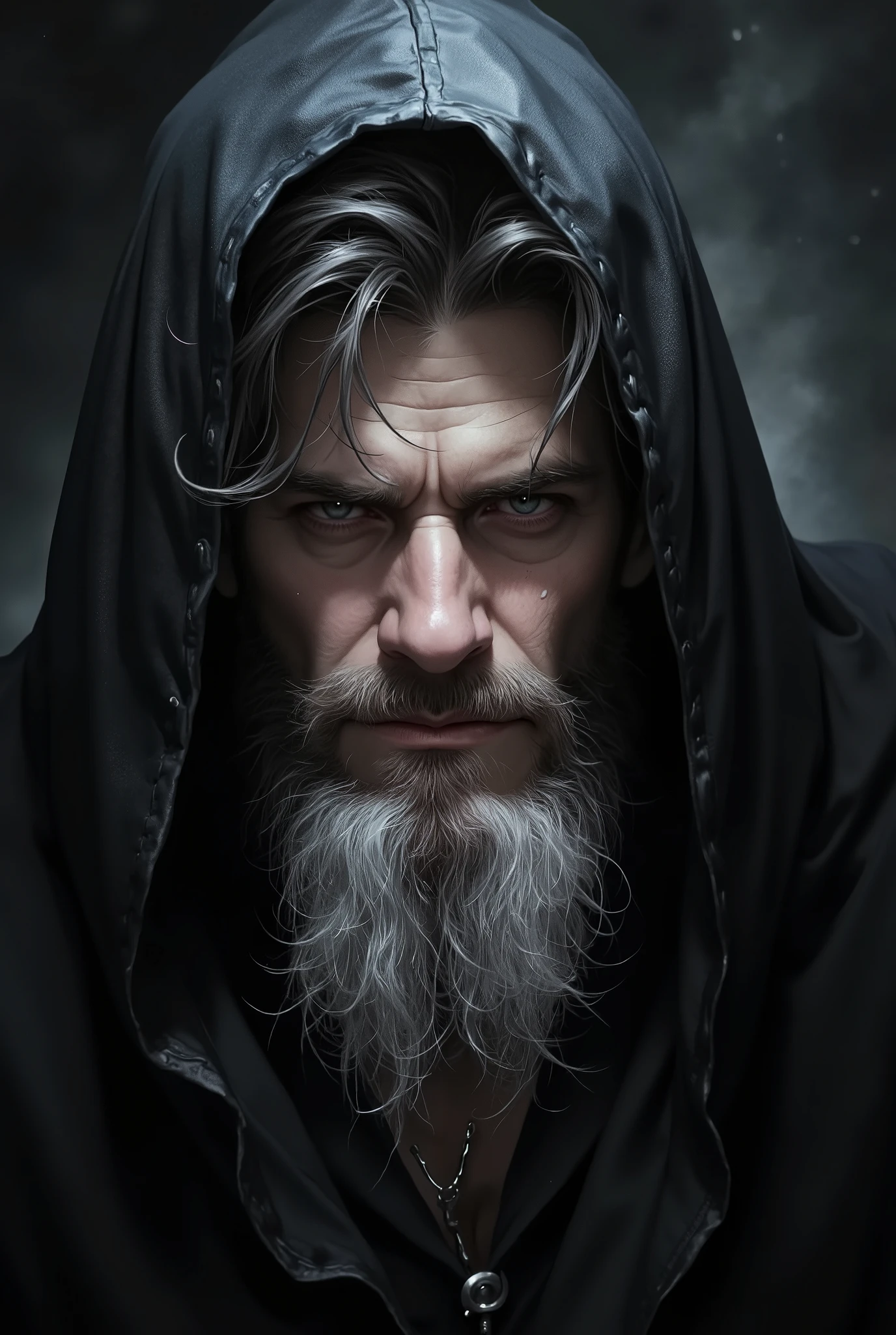 In the dimly lit scene, an aged wizard emerges from the depths of a hood, his face partially obscured by shadows. This evocative painting captures the wizard's weathered features, hinting at a lifetime of knowledge and arcane power. Wisps of silver-grey hair cascade from beneath his hood, framing a face lined with wisdom and experience. The carefully crafted brushstrokes convey a sense of mystery and mystique, emphasizing the wizard's enigmatic presence. This high-quality painting juxtaposes darkness with ethereal beauty, transporting viewers into a realm of ancient magic and unknown tales.