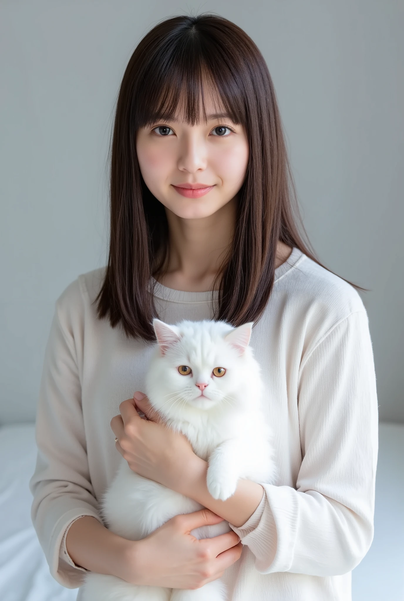 high resolution photo of a young Japanese woman,professional lighting, sharp concentration, Alone, 1 girl, (( Too much exposed skin, upper body above the knee :1.4)), I'm holding a white Persian cat,slender body, white skin, detailed face, Detailed Eyes, sophisticated nose, after sex , obscene expression, ((perfect hands, pink and pretty nipples,perfect legs,Perfect Arms,Exact hand count,Accurate torso length,perfect anatomy, correct anatomy)), indoor, Luxury Hotel Bedroom,sit