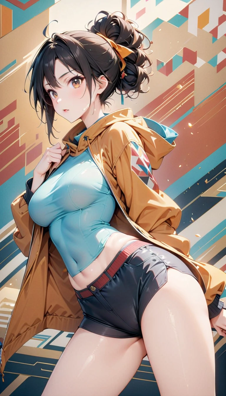 NSFW, masutepiece, Best quality, hyper HD, Top resolution, Very detailed, Professional lighting, Clean skin, anime big breast, One girl, Cowboy shot, Slender, Very cute, Little girl, Large breasts, Black hair, semi long hair, Hairy ribs, Wet clothes, clothes tug, Oversized clothes, Hoodie, Naked hoodie, Sweater labels, Wind, Subtle panty shot, pantyshot