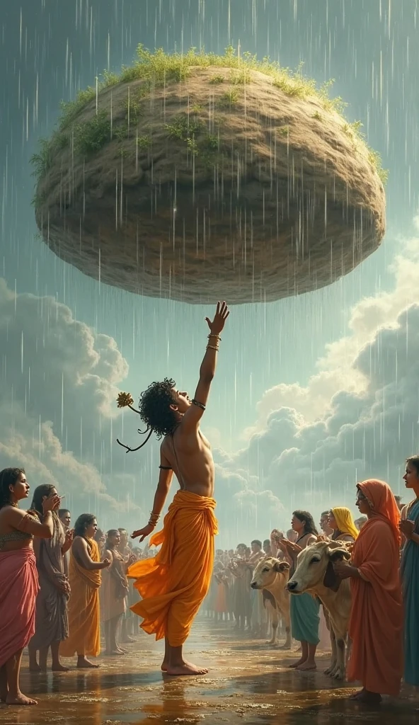 Lord Krishna, with his dark complexion, stands with remarkable ease as he lifts the immense Govardhan Mountain with his little pinkie finger. His serene face reflects divine calm and strength, while the mountain, seemingly weightless in his grasp, hovers above the landscape. The contrast between Krishna’s effortless hold and the mountain’s vast size highlights his supernatural power and grace, set against a backdrop of awe-struck onlookers and a tranquil sky.
