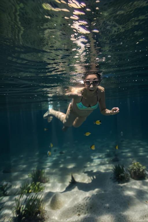 gopro footage, from behind gorgeous latina adorable cute mom is swimming underwater nude, showing ass (brown asshole) , high detail