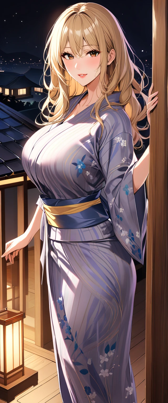 {{100 Things You Want to Do to Become a Zombie, Beatrix Amerhauser:1.9}}, 8k, Best Quality, Super detailed, It is high resolution., Highly detailed CG, Clear, Best aesthetic, Great shading, (Photorealistic:1.3), High contrast, Ultra-thin illustration, Shrinkage rate, Beautiful detailed eyes, Beautiful detailed skin, Realistic skin, Beautiful detailed hand, Beautiful detailed fingers, Beautiful detailed hair, Detailed hair, Beautifully detailed ears, Beautiful Detail Lip, Professional Lighting, Beautiful detailed backgrounds, Very realistic backgrounds, 1 Girl, Solo, Beautiful 25 year old woman, (((Forehead, Very long hair, Ponytail, Blonde))), (Blonde) (Bright green eyes), ((Big eyes)), ((Kimono)), Lip gloss, Cowboy Shot ,blush, Ahegao, Embarrassed, (Tempting), No bra, hostel,(View the Moon),sitting,open clothes,