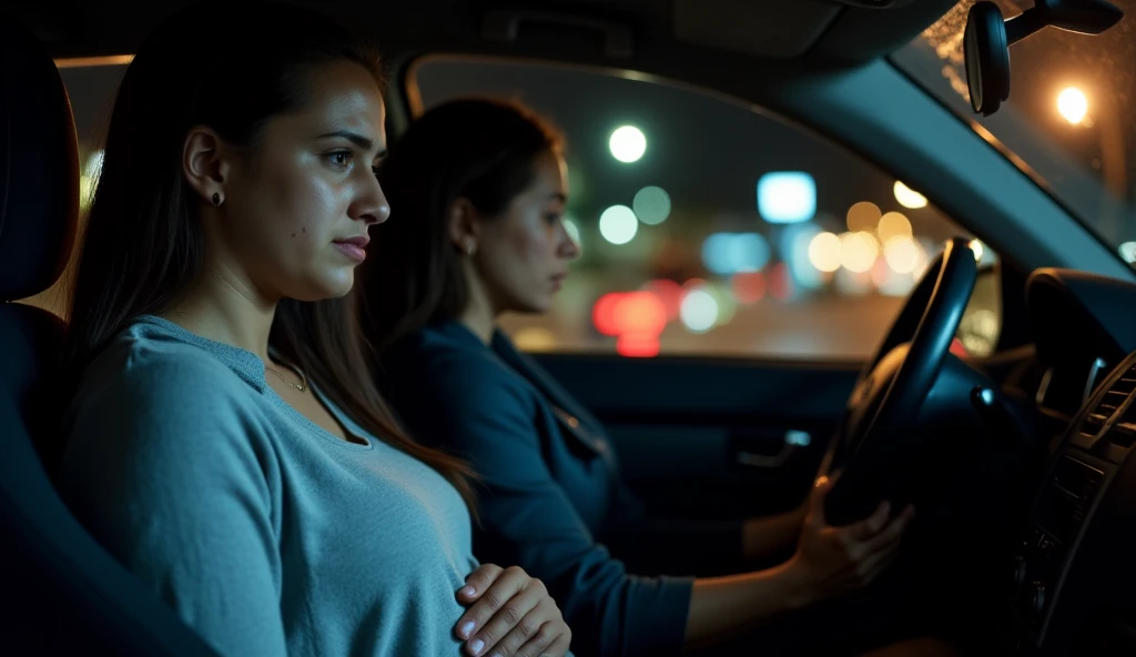 The driver removes the sleeping woman's while driving at night