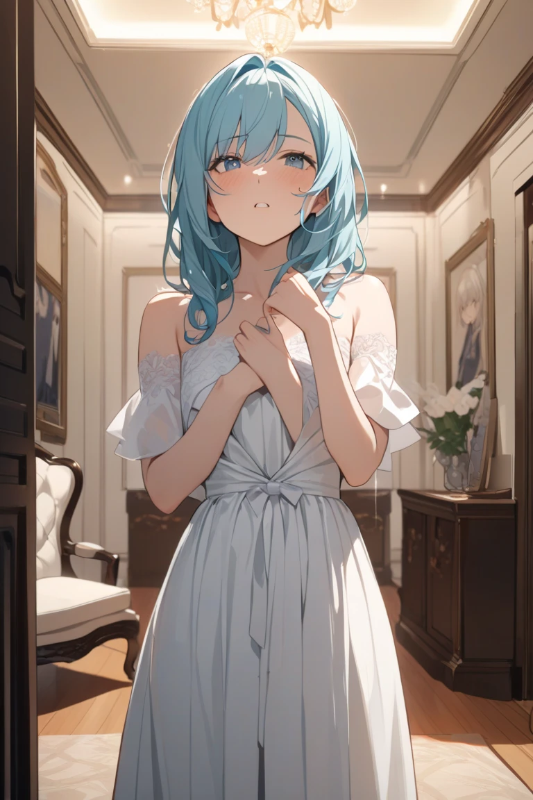 NSFW,masterpiece,Highest quality,High resolution,Super detailed,Star Town Suisei\(Hololive\),Blue Hair,One Side Ponytail,Blue Eyes,Small breasts,(High-quality see-through dress,silk),Estrus,smile,blush,(Sweat),Luxurious Room,Party Venue,chandelier,(Middle-aged men),A man puts his hands on her waist and hugs her,Having sex,Insert,Creampie,heart,From the side