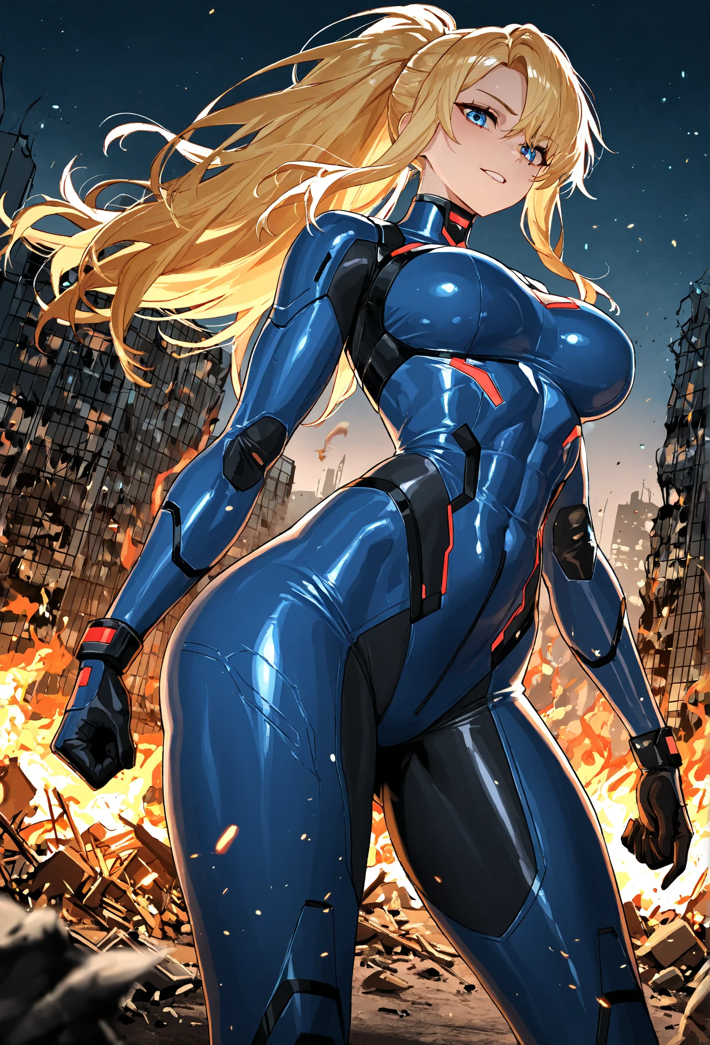 masterpiece, best quality, extremely detailed, 1girl, mature female, solo, (dark skin, black skin:2), jeanne darc, (huge breasts), ((((blonde hair), blue eyes, long hair))), parted lips, (((zero suit, blue gloves))), ((blush, naughty smile), closed mouth), ((touching own ear, destroyed buildings))