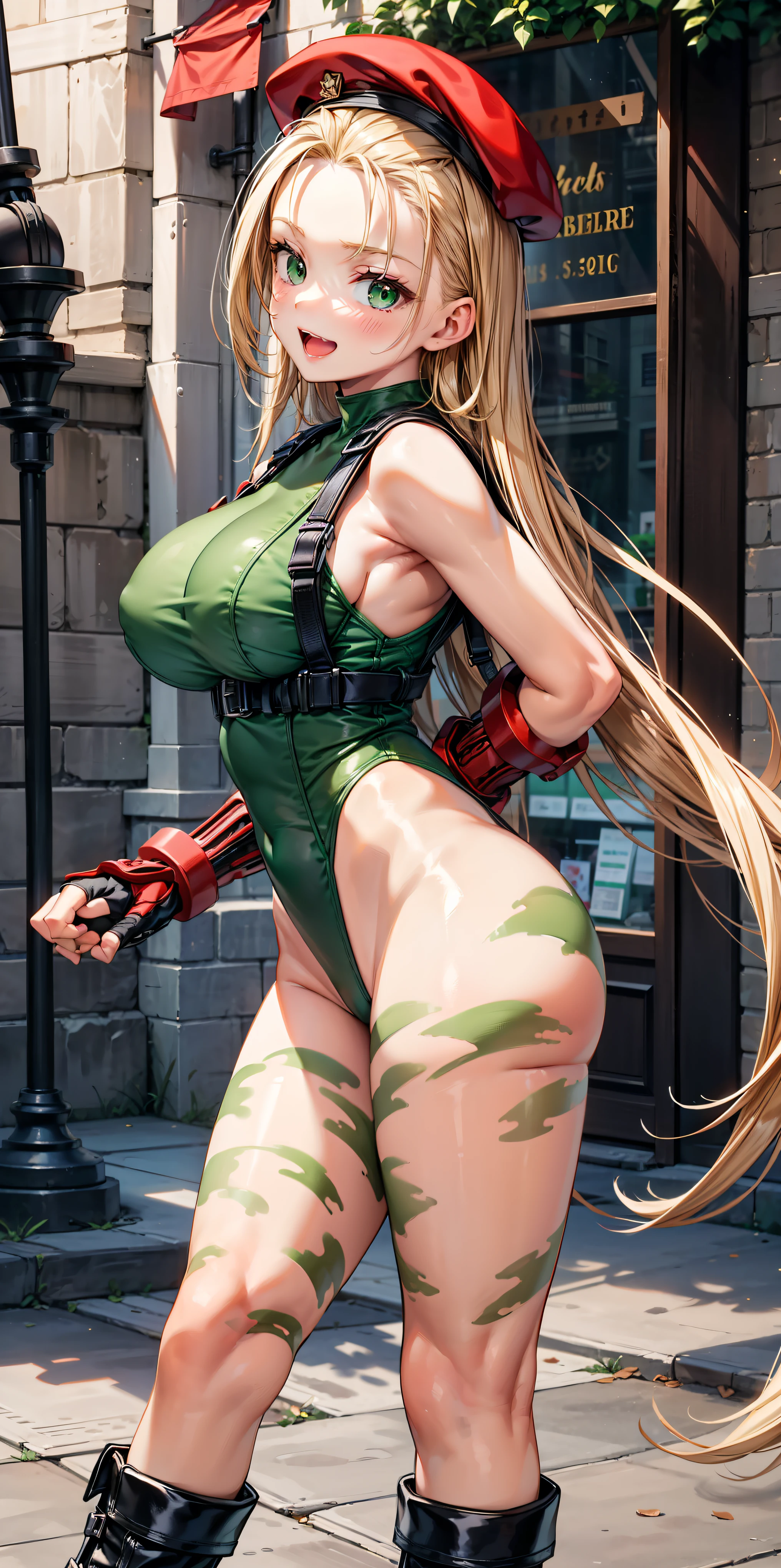 masterpiece、 high image quality、smiles、open mouth、(blonde long hair)、(standing:1.5、Hands behind the back:1.3、Big Breasts、SFW Giant Body、long legs)、 blue eyes、cammy white, long hair, blonde hair, beret , (red headwear:1.3), large breasts, ( green leotard :1.5),harness belt、 sleeveless, red gloves, fingerless gloves, camouflage、(black long boots)、(Belts Wrapped Around Thighs)