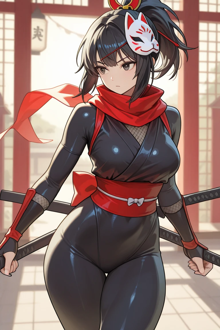 Ninja suit, ninja pose, long red scarf, huge tits Rubor, red eyes, Japanese garden in the background