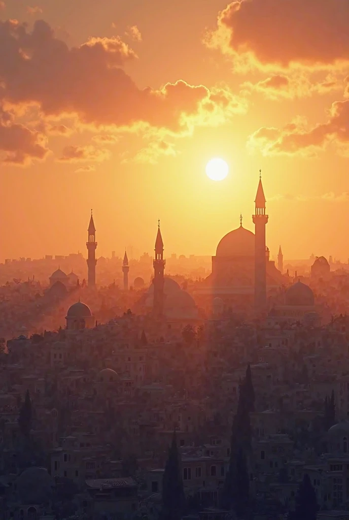 a skyline picture at dawn of a multi religious city, there are many buildings, standing above them are holy building to several places of religious worships, a (catholic church: 1.2), a (Mosque: 1.2), a (Synagogue: 1.2), sunrays, few light clouds, divine rays, sky in various shades of red, orange and purple, sense of divinity, ultra best realistic, best details, best quality, 16k, [ultra detailed], masterpiece, best quality, (extremely detailed), ultra wide shot, photorealism, depth of field, hyper realistic