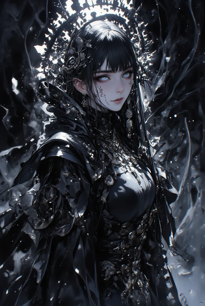 From below,Background sky,Dark Clouds,rain,((image color: Silver and Black,))The inside color is silver,Gothic Punk,Shorts,boots,Black-haired人物の全身,Black-haired deity, Long black hair, 長いBlack-haired, artwork in the style of Gwaiz, Black-haired, Gwaiz, Beautiful character drawings, Jean J.., Silver-haired, Gwaiz on pixiv artstation,