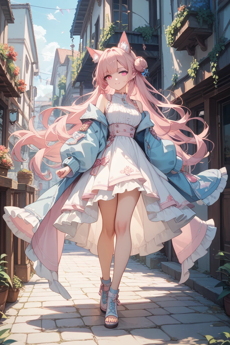 (masterpiece:1.4), (highest quality:1.4),
super detailed illustrations, disorganized, super detailed, an extremely cute and beautiful girl,Highly detailed beautiful face and eyes,shiny hair, ((gradient hair, , Half blue、half pink hair: 1.2))
1 girl, alone, cute , a bit,(child),smile,cowboy shot,(full_body),
break a perfect hand, hide your hands,turn your arms behind your back,
BREAKおCherry blossom viewing,Cherry blossom viewing,
(floating dress),Fluttering skirt,(just_foot),long skirt,dynamic pose,white clothes,soar,petal toss,Blue sky,Wind,motion blur,
screen printing, bold graphics, flat color, Layered Design, handmade texture, unique visuals, Various techniques,