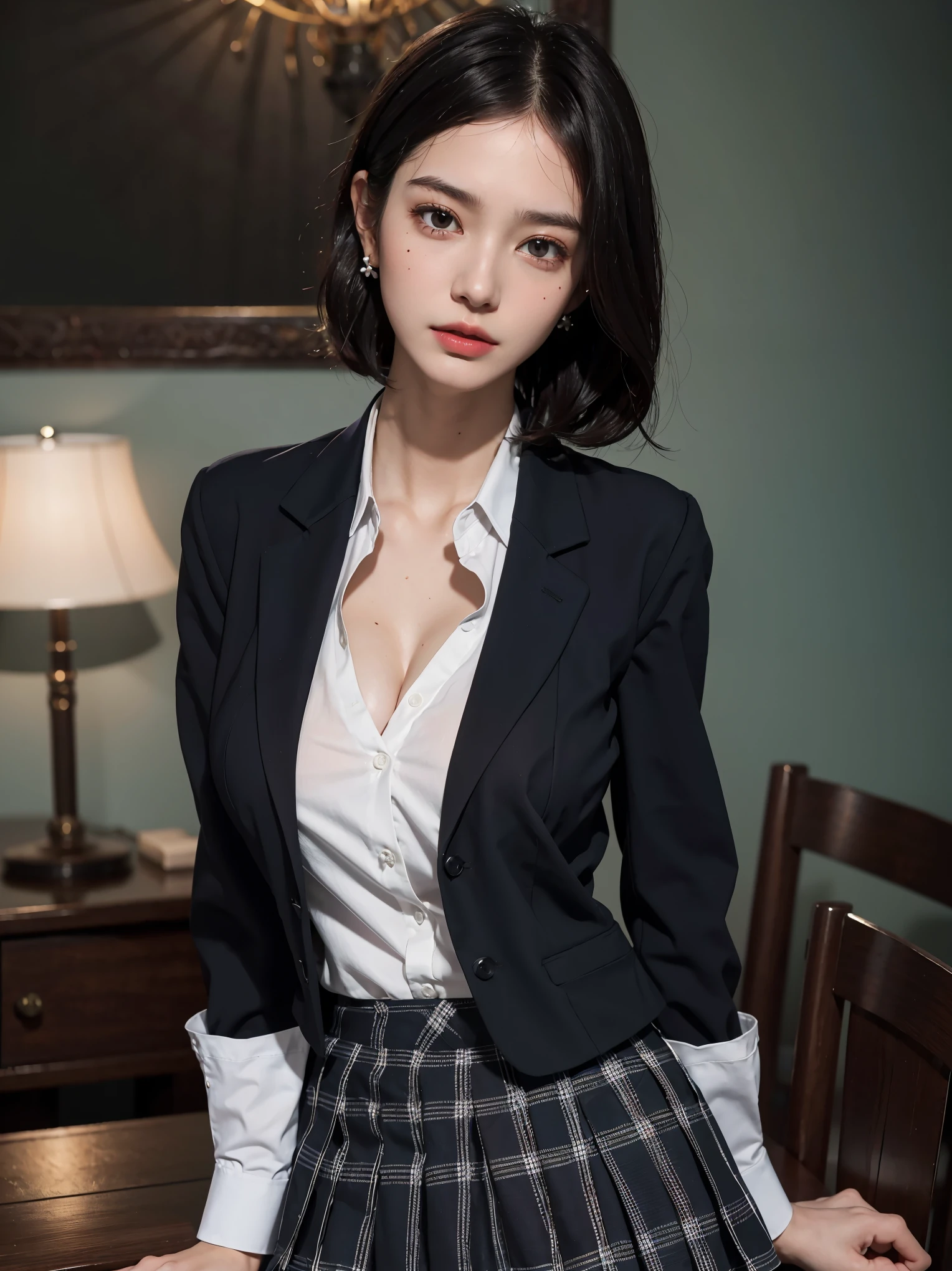 absurdres, RAW photo, extremely delicate and beautiful, masterpiece, Best Quality, ultra high resolution, 32k, hyperrealistic, ultra-detailed, perfect anatomy, perfect figure, super Detailed skin, Very detailed CG 8k wallpaper, in her 20s, very Slim body, narrow waist, very small head, very small face, delicate facial features, tearful mole, earring, thin legs, (very huge round breasts:1.2), (full body shot:1.1), 1 girls, short hair, (wavy hair:1.2), (wet clothes:1.1), (school uniform:1.2), blazer, skirt,