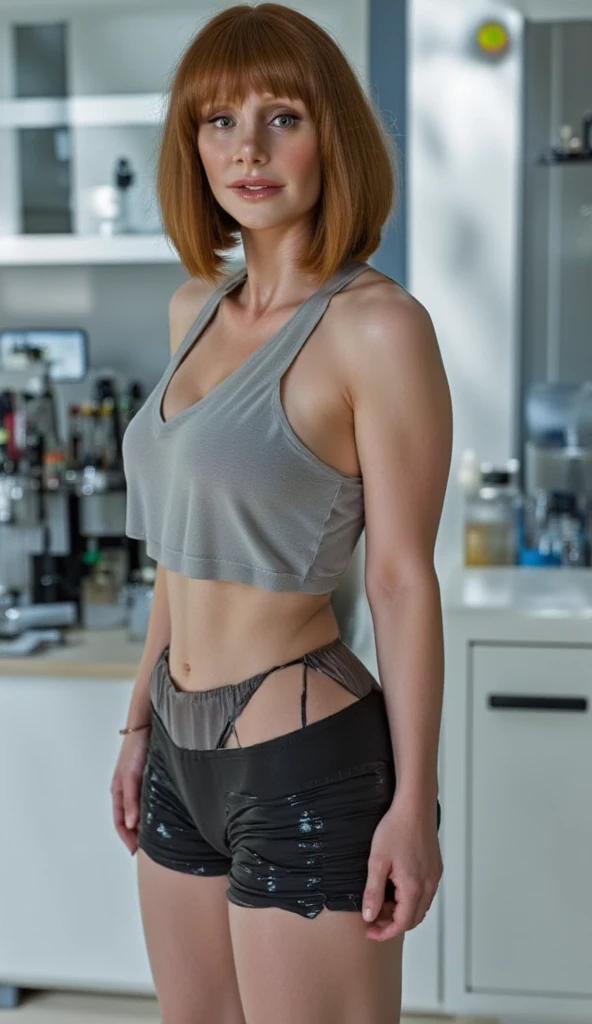 (detailed skin:1.3), Scottish, pale, 30 years old, ginger hair, short wavy bob, (masculine androgynous face:1.2), wide jaw, big chin, thick eyebrows, minimal make-up, natural skin, hyper realistic skin, full body photograph, seductive pose, very large size breast, naturally breast, simple necklace, in the kitchen, (wearing tank top and high waisted shorts:1.2)