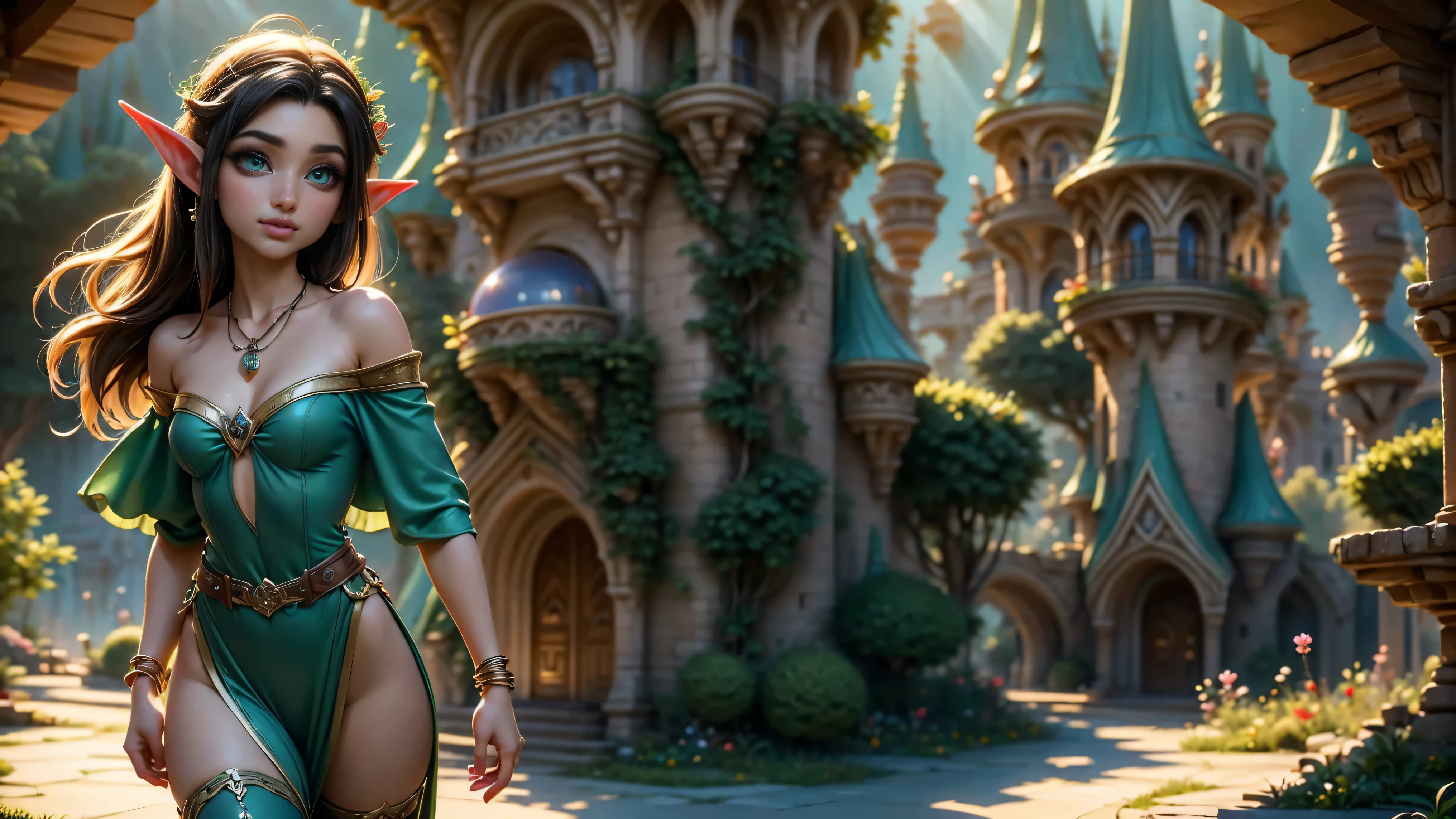 ((1girl)), ((solo)), ((young woodland warrior elf girl)), ((walking through an elf village)), ((male elves turning to look at her)), ((elf girl focus)), ((long dark hair)), ((smiling)), ((short ears)), ((round breasts)), thigh-highs, formfitting eleven clothes, tight clothes, ((looking at viewer)), ((green eyes)), ((beautiful day)), Perfect body, beautiful, young, tempting, alluring, jewelry, necklace, off shoulder, ((skinny)), ((petite)), ((small)), flirting with camera, Best Looks, ((fantasy castle in the background)), beams of sunlight, fantasy