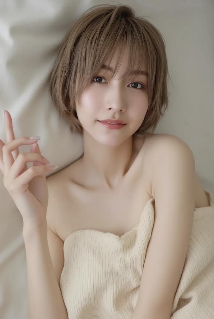 (8K、RAW Photos、Highest quality、masterpiece:1.2)、((pinkish-brown hair、Short Hair、Narrow eyes、Squint your eyes and laugh、Dimples、Are thin:1.5))、(Realistic、Realistic)、1 Girl、((naked、wake up、After sexual、morning、 Hotel Bedroom、Lying in bed、Bathrobes、Flat Chest、smile))、cute