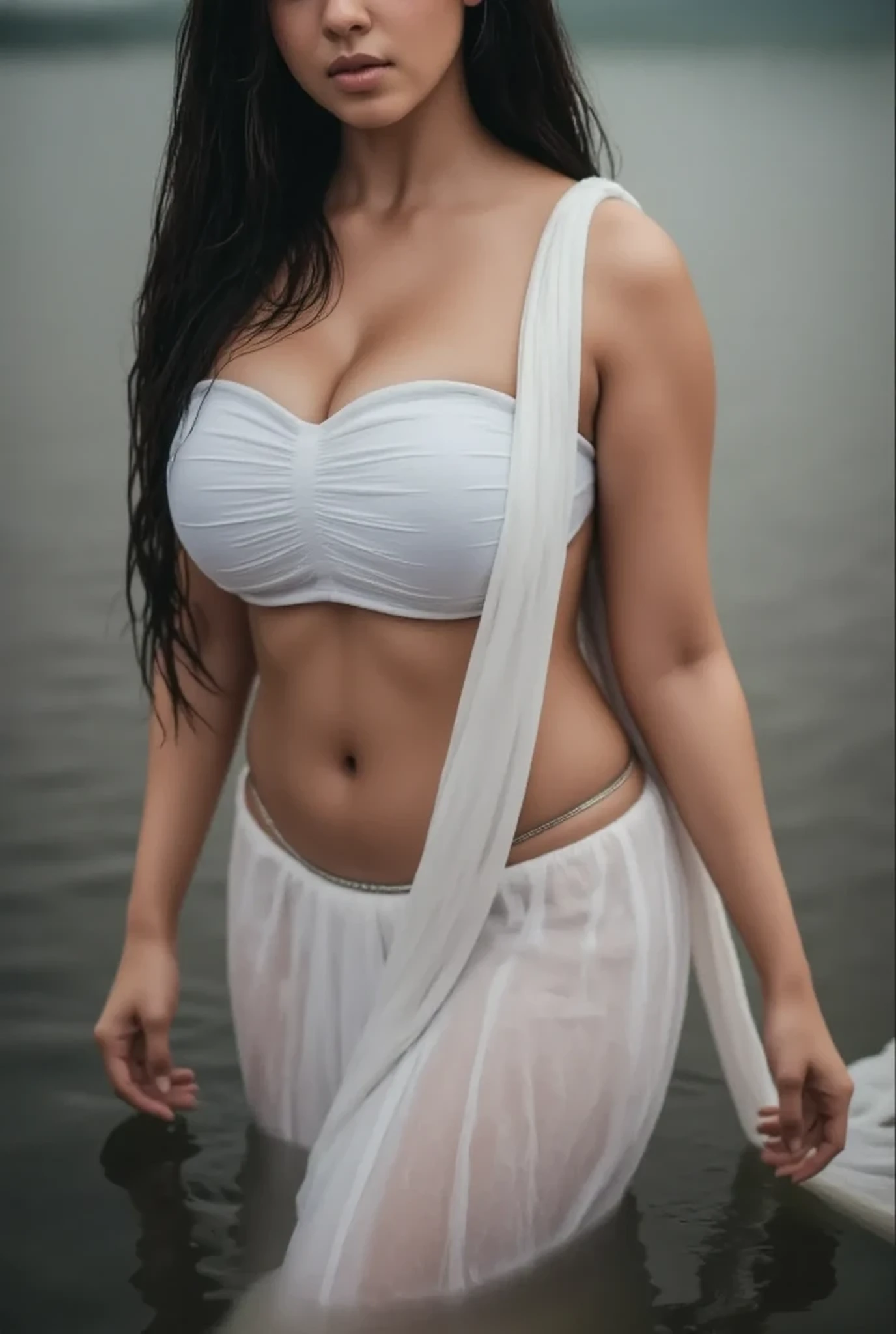close up photo of kiara, curvy, hourglass figure, swooping breasts, deep cleavage, black eyes, posing on boat, day scene necklace, laughing, open arms showing sexy armpit, Slim Shape , Blue white see through blouse and saree, red lips, sultry, long hair, (cinematic:1.3), intricate details, (ArtStation:1.2)