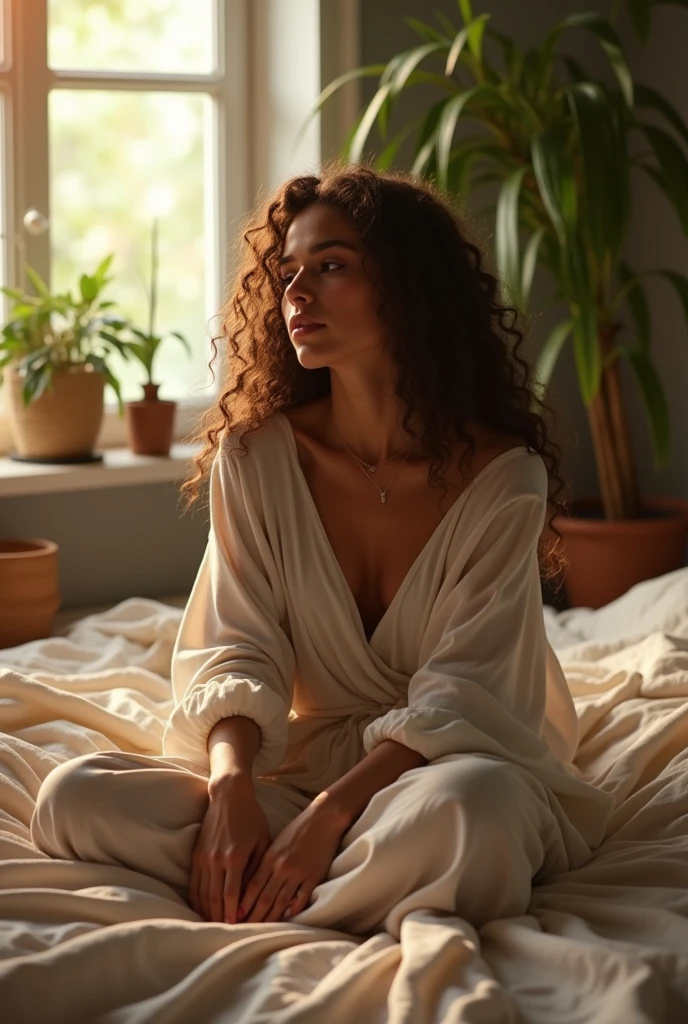 (photorealism:1.2), beautiful woman, sitting on bed, wearing loose off-shoulder top, pajama pants, long curly hair, indoors, soft lighting, plants in background, window with sunlight, cozy room, relaxed pose, realistic, intricate details, warm colors, by Greg Rutkowski, by Alphonse Mucha