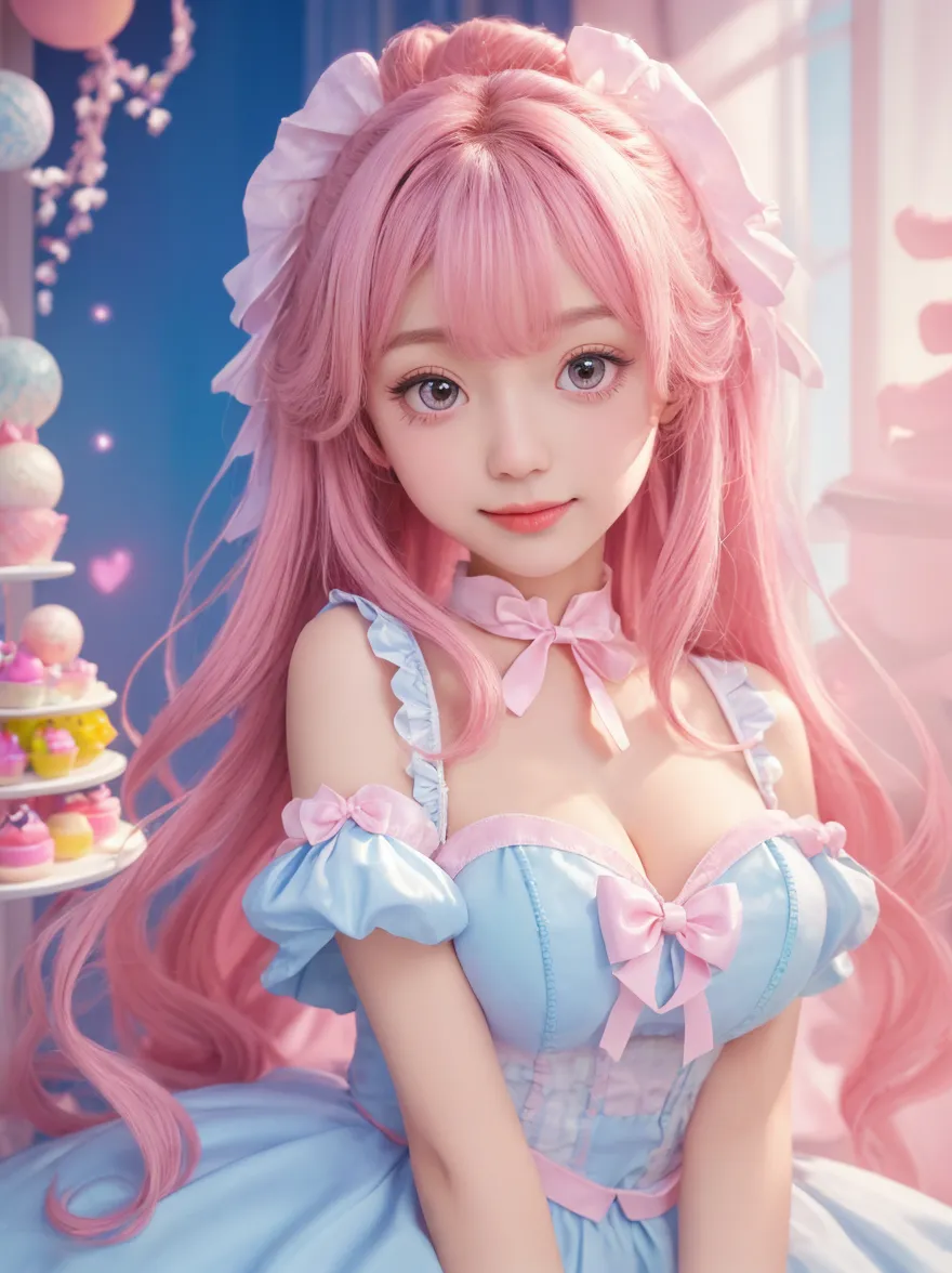 (Highest quality、masterpiece、8K、Best image quality、Hyperrealism、Award-winning works)、One ta girl、(alone:1.1)、(1 photo:1.1)、(Cute and girly light pink ruffled open chest loliress:1.2)、Girly lace decoration、Cute frill decoration、Cute wavy hair、(Low length:1.1)、(height: 140cm:1.1)、(Big Breasts:1.3)、(Cleavage:1.3)、(Cute heart ornament:1.1)、Lots of cute frills、Big cute ribbon、Accentuate your body lines、Slender body、(Intricate lolita rbackground with lots of pastel colored furniture:1.1)、(Light blue and light pink lolita dreamm:1.1)、(Lots of cute pastel-colored furniture:1.2)、(Cute light blue chest:1.2)、(Cute light blue desk:1.2)、(Cute light pink dressing table:1.3)、(Lots of cute furniture, Perfectly organized:1.1)、(Cute girly curtains in pastel colors:1.1)、(very bright and vivid:1.1)、(Beautiful walls with cute decorations in pastel colors:1.1)、Blurred Background、Standing gracefully in the center of the room、(Accurate anatomy:1.1)、Perfect Makeup、Long eyelashes、Glossy Lips、Ultra HD glossy skin、(Ultra-high resolution, bright and beautiful skin:1.2)、超高精細のGlossy Lips、Ultra-high resolution beautiful teeth、(Voluptuous body:1.1)、Cute heart symbol、wide々Stylish Lolita Room、(Rosse:1.1)、(Light pours in through beautifully decorated windows.:1.1)