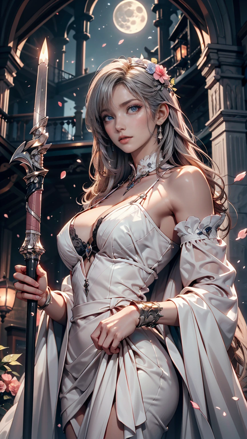 (best quality,highres,ultra-detailed:1.2),a woman with a blood-stained huge axe, disheveled hairstyle, long braids, a woman with dyed white hair, 28 years old, wearing a black short-sleeved dress, White lace at the hem., alluring atmosphere, charming, beautiful, a pool of blood at her feet