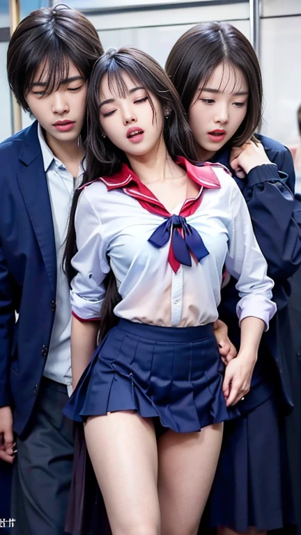 (molesting:1.5)、1girl in、(Full body shot)、1male people、(((High school girl being molested:1.5)))、(Super beautiful)、(beauitful face:1.5)、she is crying、(high-school uniform:1.2)、(Inside a crowded train in Japan:1.5)、A man forcibly kisses her、(A man takes off his skirt:1.5)、(Man hugs her chest:1.5)、(At SFW:1.1)、(((Visible from the sailor blouse)))、(moaning in pain:1.3)、(ecstacy:1.5)、trần truồng, trần truồng