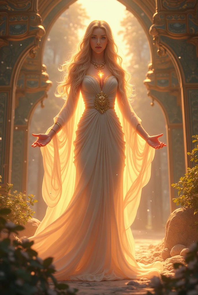 A stunning goddess with flowing golden hair, wearing a revealing, glittering gown that clings to her curves. She stands in the center of ancient stone ruins, her body bathed in a soft, ethereal light. Her arms are raised gracefully as if she's casting a spell, and her eyes glow with a mysterious power. The ruins are covered in ivy and glowing runes, and beams of light filter through cracks in the stone, illuminating her with a divine aura. Aim for realistic depiction, make sure photos are at highest resolution (8K)