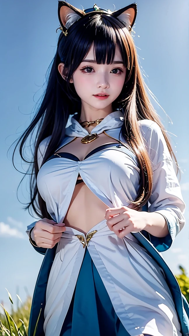 masterpiece、1 beautiful girl、A detailed eye、Puffy eyes、top-quality, Supergianthugebreastshight resolution, (Realisticity: 1.4), cinematlic lighting、japanes、Asian Beauty、Korea person、Supergianthugebreasts beauties、Beautiful skin、The body is facing forward、up of face、(Supergianthugebreasts real)、(hight resolution)、(8K)、(ighly detailed)、(Beautifully A detailed eye)、(Supergianthugebreasts details)、 (wall-)、A detailed face、Bright lighting、profetional lighting、looking at viewert、Facing straight ahead、oblique bangs、nighttime scene、Brown hair、乃木坂アイドル、韓国アイドル、hposing Gravure Idol、、25-years old、masutepiece, Best Quality, Supergianthugebreasts, sage_(DQ3), 1girl in, (holding A staff, A staff:1.3), Solo, Long hair, Blue hair, circlet, Red Eyes, Normal breast, yellow gloves, White Dress, Belt bag, Cape, long boots, cleavage, Bare shoulders, Underwear,, Full body, wind lift,